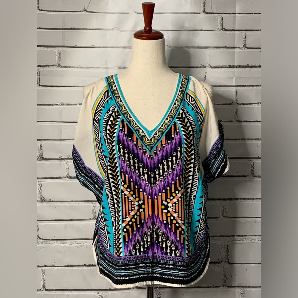 Jealous Tomato Bohemian V-Neck Cold Shoulder Multicolor Top Small Shirt
